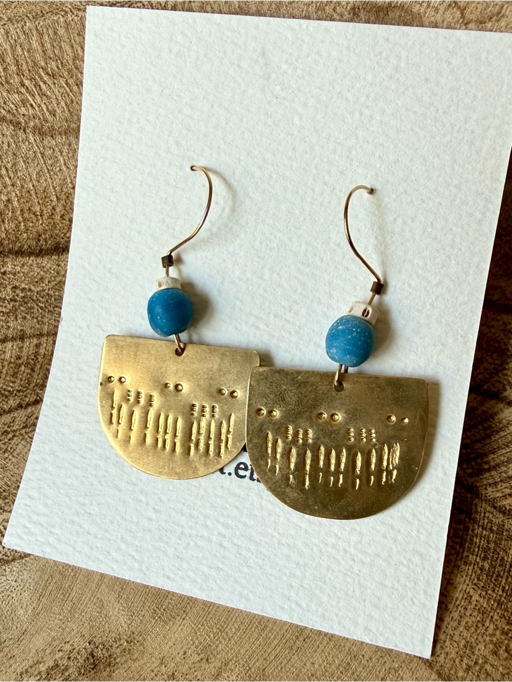One of a kind Handcrafted Brass Half-Moon Earrings with African Blue Bead
